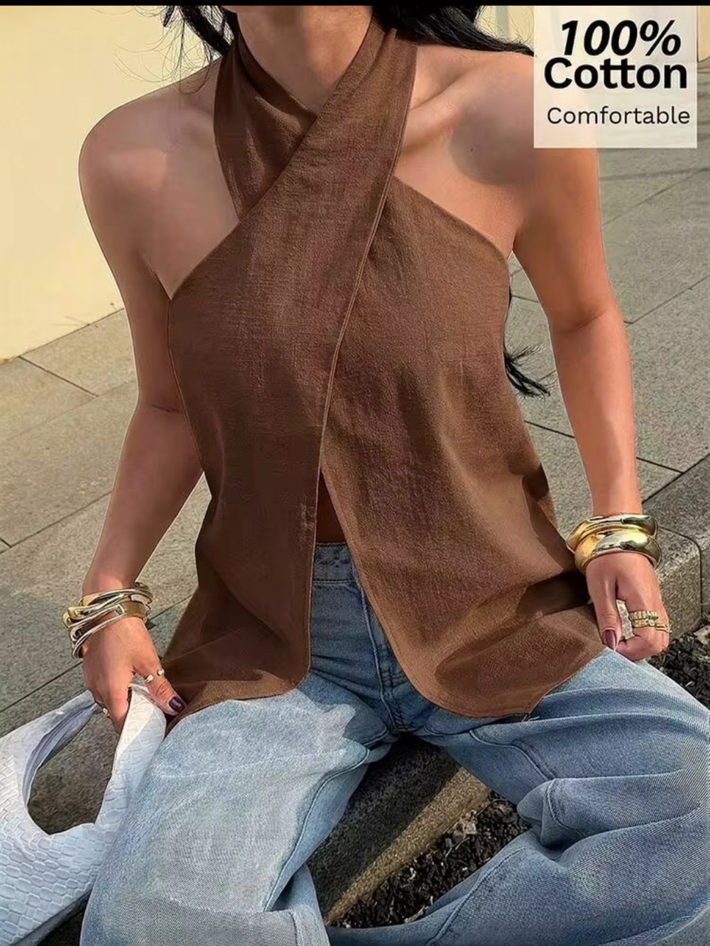 SHEIN brown cross-cross halter top